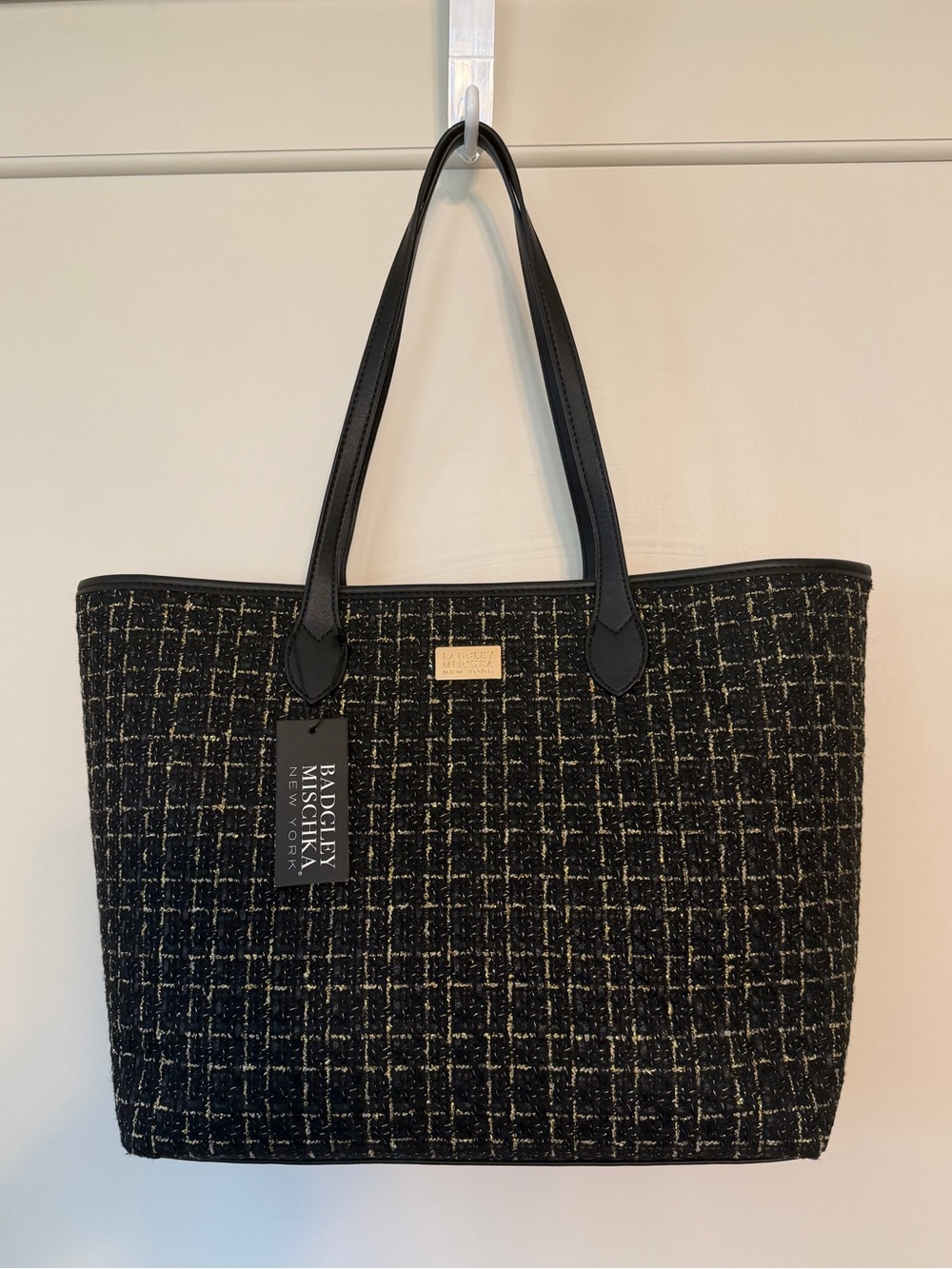 Badgley Mischka New York Black Gold Tweed Large Tote Bag Shoulder Purse NWT